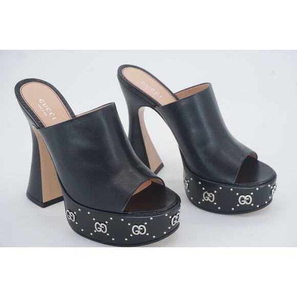 Gucci Malaga Black Open Toe Slide Mule GG Logo Platform Sandals SZ 38.5 $1190 - Picture 10 of 12